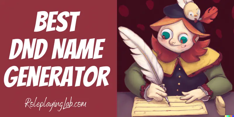 Cartoon bard writing names on a parchment with a feather quill - Best DND Name Generator