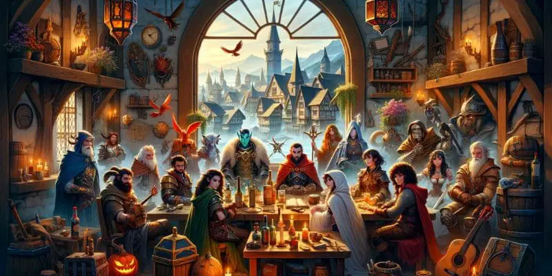 Diverse DND characters around a tavern table with city view - DND Scorching Ray Build