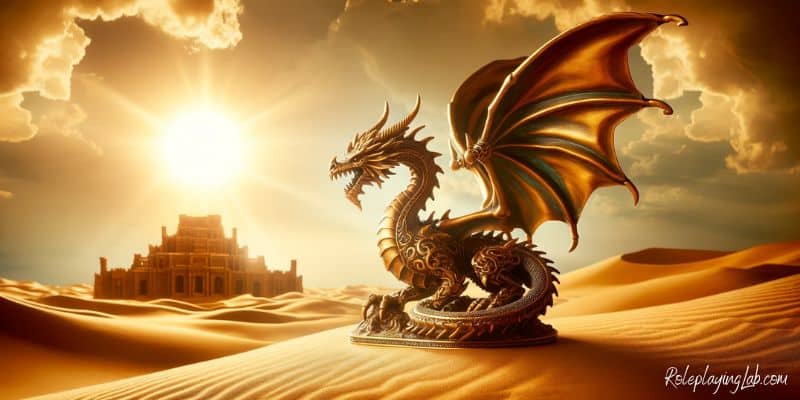 DND Brass Dragon atop dune with ruins, embodying DND's desert adventure