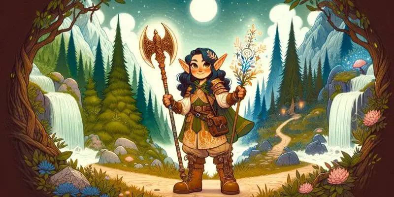 DND Dwelf character at forest and mountain crossroads, embodying dual heritage.