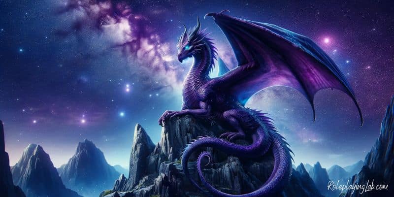 Majestic DND Purple Dragon perched on mountain under starlit sky