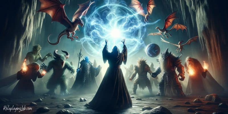 Wizard casting DND Thunderclap in a cavern, surrounded by mythical beings