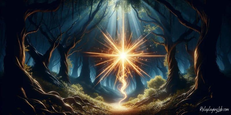 DND Guiding Bolt spell illuminates a dark forest with radiant light