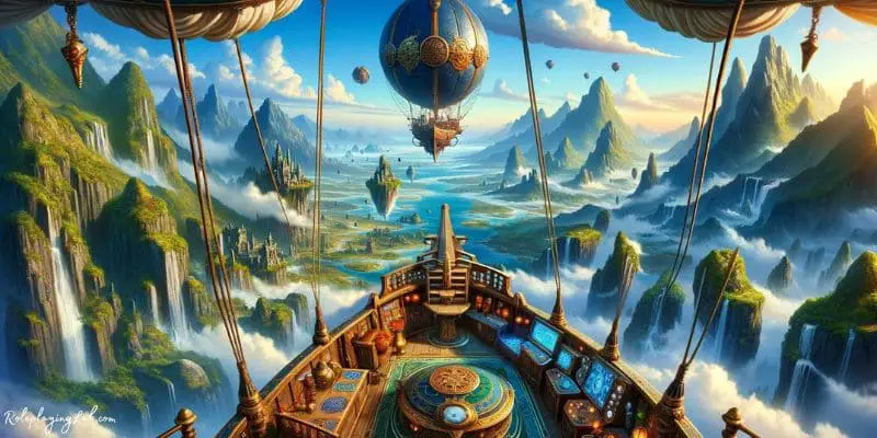 Fantastical DND airship soaring above mystical landscape with floating islands --DND Airship Maps