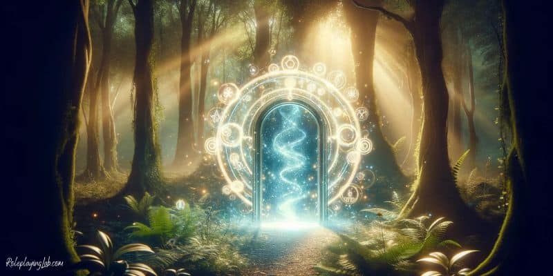 Magical portal in a forest embodying the DND Dimension Door spell in action