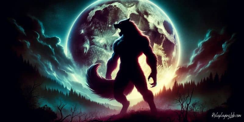 Werewolf silhouette against giant full moon, embodying lycanthropy's power -- DND Lycanthropy