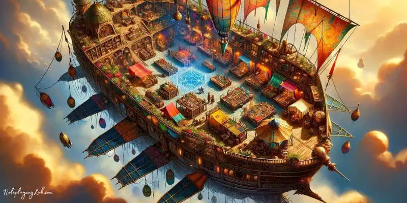 DND Gnomish Flying Bazaar airship map with colorful stalls and goods