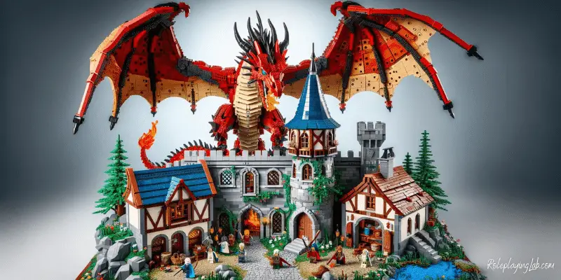 Intricate LEGO set with red dragon over a medieval fantasy scene - DND Lego Set