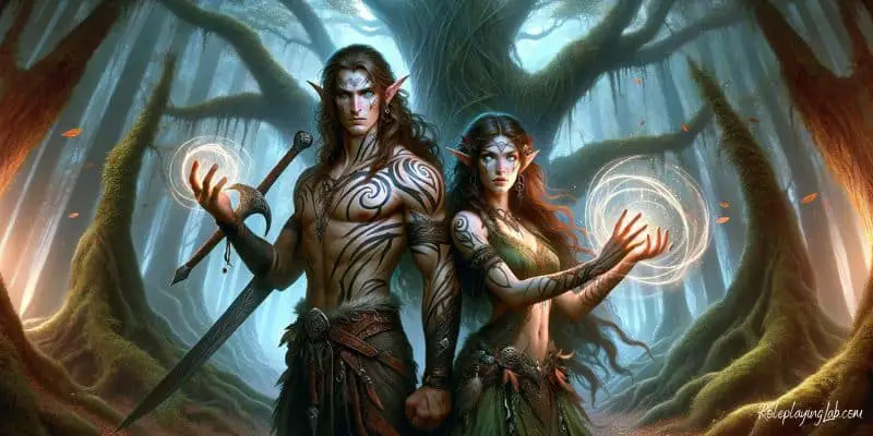 a male and female DND Firbolg in a mystical forest setting