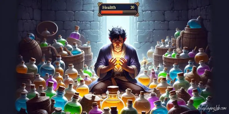 A character surrounded by health potions but at low health -- DND Memes