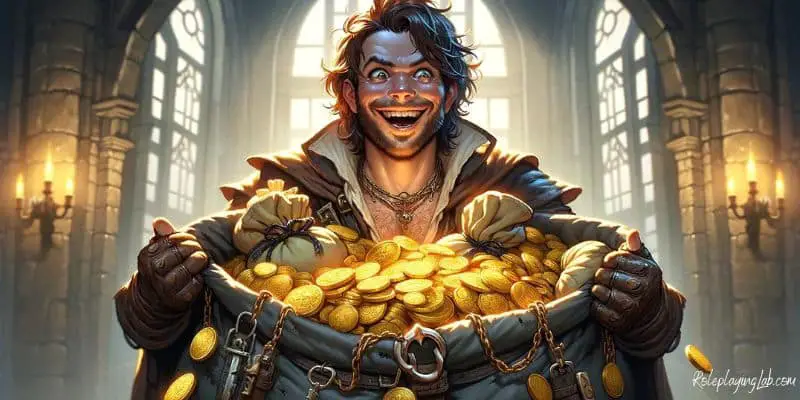 A rogue with pockets overflowing with gold -- DND Meme