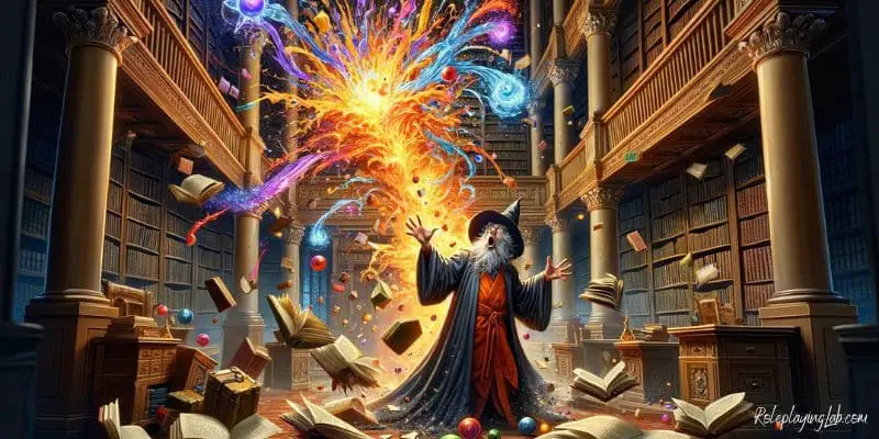 wizard experiences a spell backfiring in a grand library