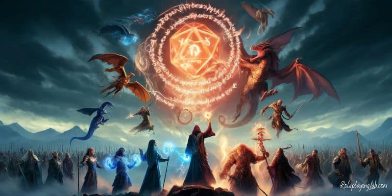 Crisp cinematic poster of DND Languages with detailed beings and magical runes and floating flaming dice