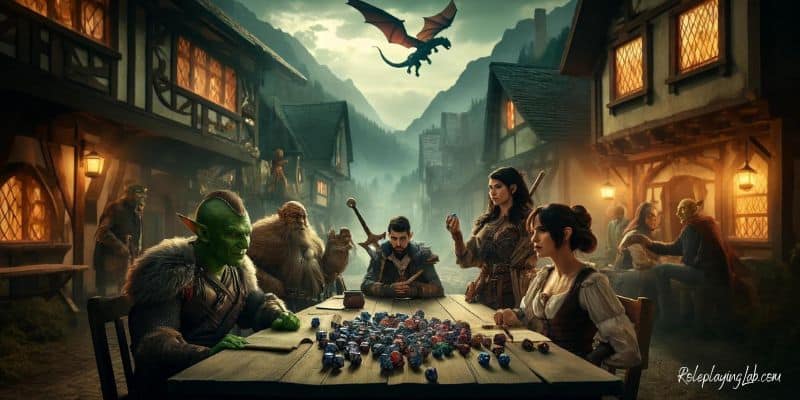 DND characters including goblins, elves, human fighters, and women rogues rolling dice next to a tavern in a fantasy village - How to Roll for Stats in DND