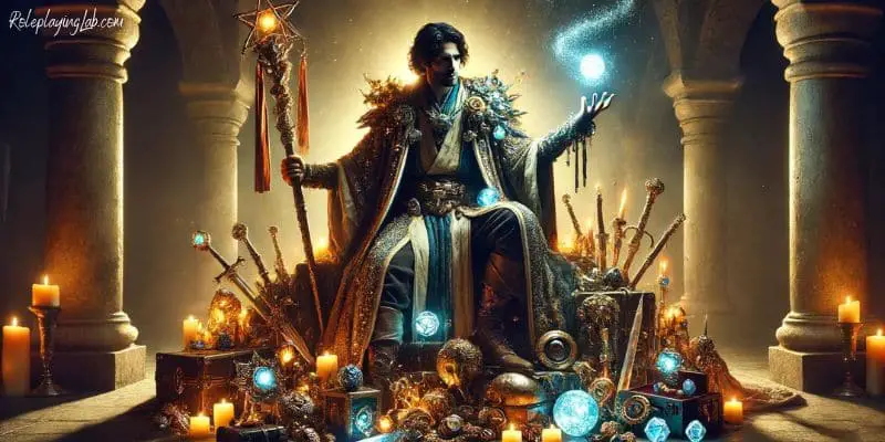 DND Monk sitting on a pile of magical items, glowing - Magic items for Monks in DND