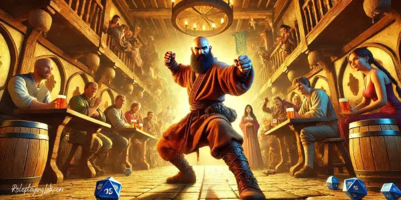 The Drunken Fist Monk in a lively DND tavern, powerful stance - DND Monk Build Guide